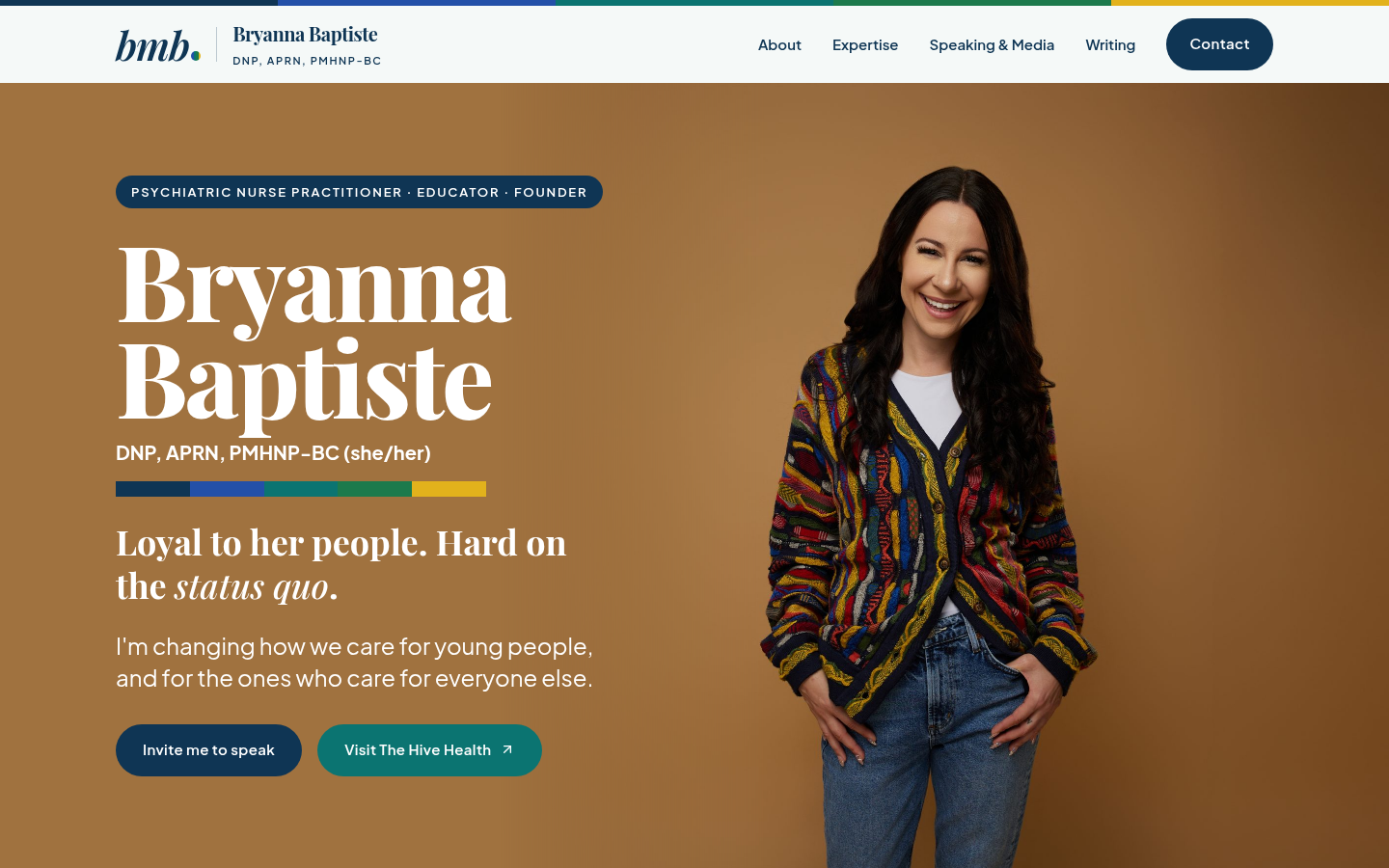 Bryanna Baptiste personal website with a portrait hero and speaking calls to action