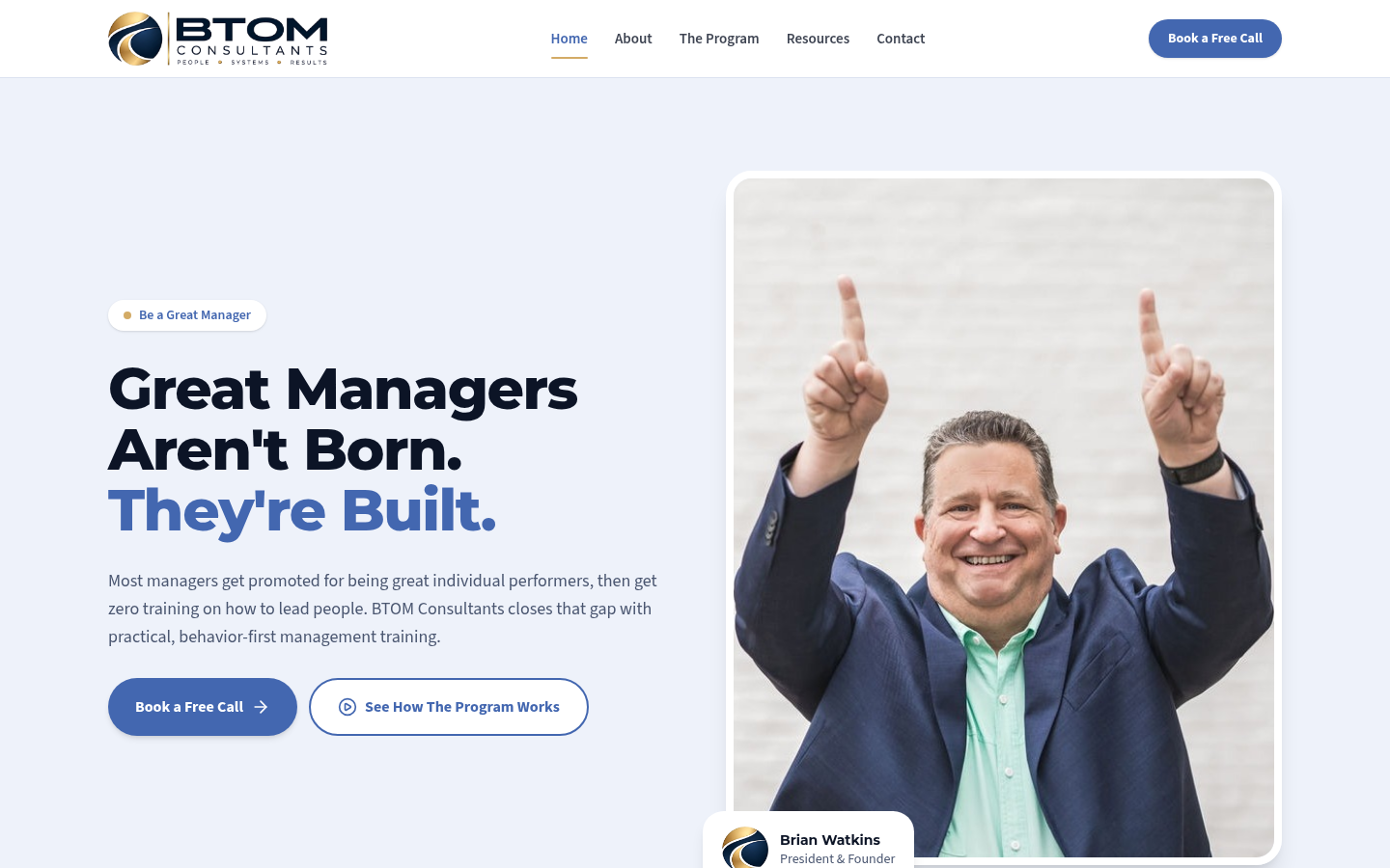BTOM Consultants homepage with the headline great managers are built