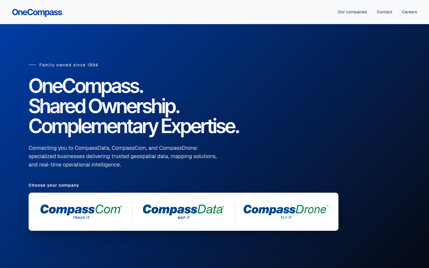 OneCompass homepage connecting CompassCom, CompassData, and CompassDrone