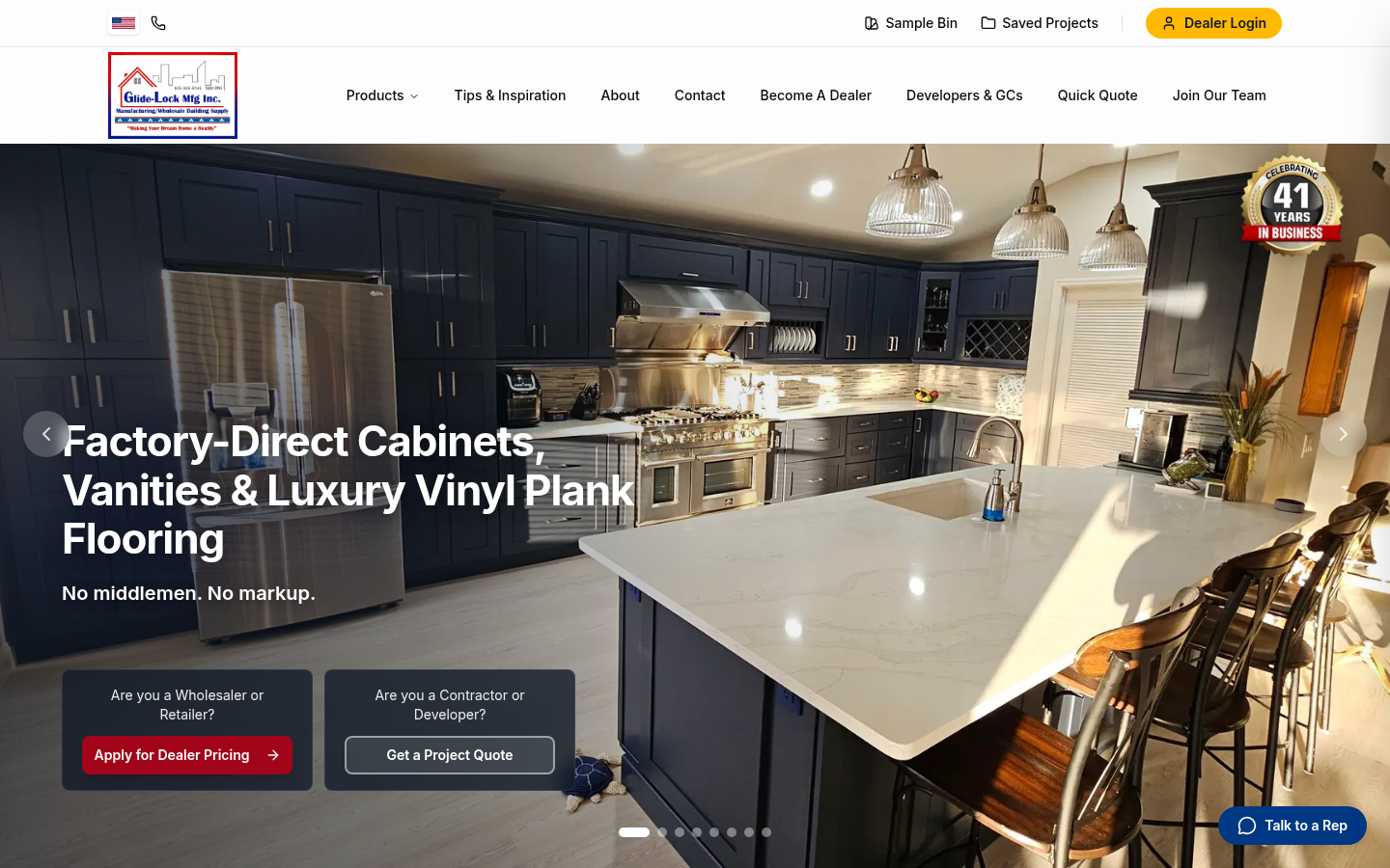 Glide-Lock homepage with a navy kitchen hero and dealer pricing calls to action