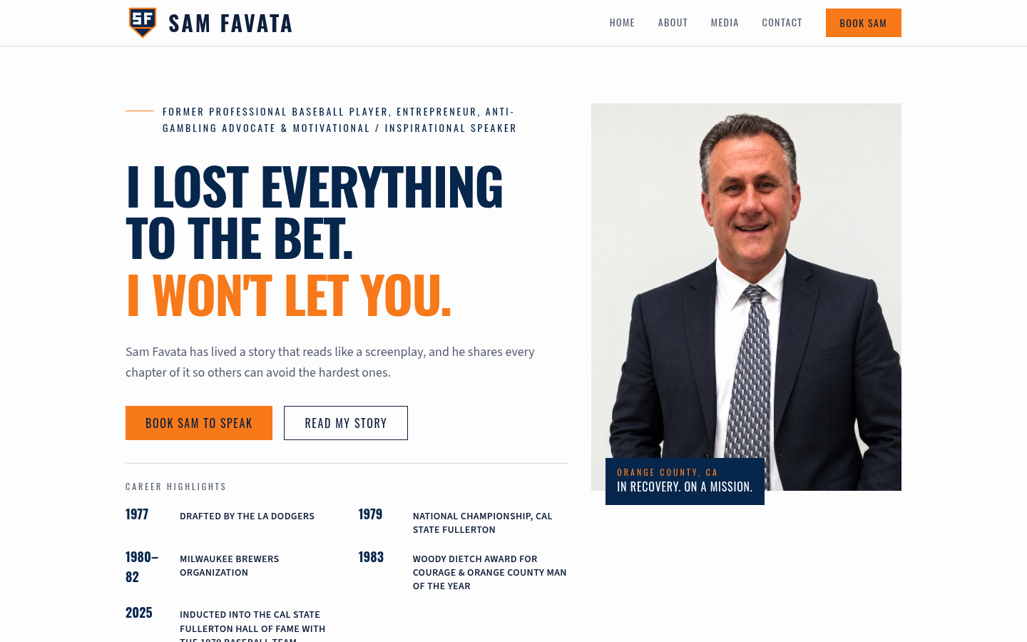 Sam Favata website with the headline I lost everything to the bet